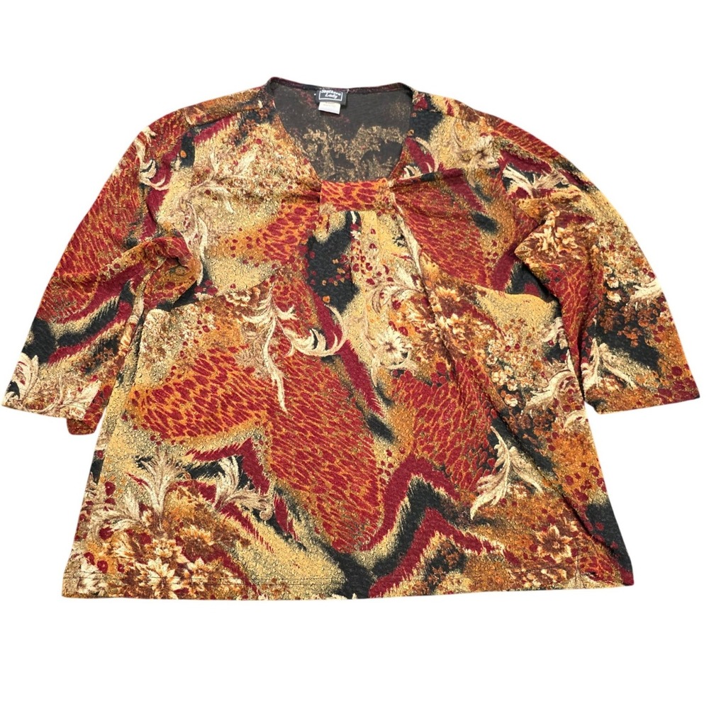 Southern Lady Floral Blouse Women's Size 2X Orange Tan Abstract 3/4 Sleeve
